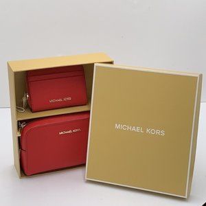 Michael Kors Giftable Boxed Items Travel Pouch & MD Zip Around Wallet Bright Red